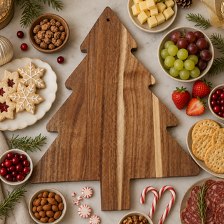 Wooden Christmas serving board in a warm farmhouse kitchen
Christmas tree food platter styled with rustic holiday decorations
Acacia wood Christmas tree charcuterie board gift
Christmas hostess gift wooden cheese and serving board