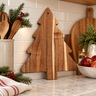 Christmas tree acacia wood board displayed on a holiday kitchen counter
Wooden Christmas tree board standing in a festive farmhouse display
Acacia wood holiday board styled with miniature Christmas houses
Christmas tree cutting board displayed beside a Merry Christmas sign
Wooden tree-shaped charcuterie board used as seasonal kitchen décor