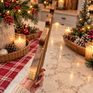 Christmas tree serving board styled for holiday entertaining
wooden holiday charcuterie board in festive Christmas kitchen
Christmas tree shaped cutting board held in hand