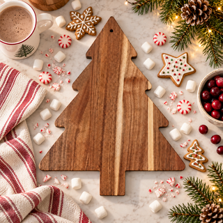 Natural wood Christmas board displayed beside illuminated ceramic houses
Acacia wood tree platter in a traditional Christmas kitchen display
Christmas tree cutting board displayed with evergreen garland and lights
Rustic wooden Christmas tree board on a holiday countertop
Decorative acacia wood serving board in a cozy Christmas home
Tree-shaped wooden board