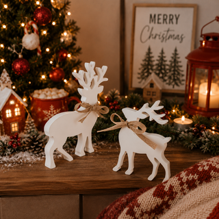 White wooden reindeer measuring 8 inches and 7 inches high
Large white reindeer measuring 8 inches tall by 7 inches wide
Small white reindeer measuring 7 inches tall by 5 inches wide
Size comparison of two white Christmas reindeer decorations
Large and small MDF reindeer figurines
White wooden deer decorations in coordinating sizes
Freestanding Christmas reindeer with carved antler shapes
White reindeer figurines with rustic burlap-style bows
Two-size wooden Christmas reindeer display