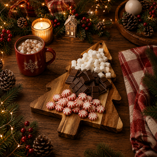 Christmas tree acacia wood board displayed on a holiday kitchen counter
Wooden Christmas tree board standing in a festive farmhouse display
Acacia wood holiday board styled with miniature Christmas houses
Christmas tree cutting board displayed beside a Merry Christmas sign
Wooden tree-shaped charcuterie board used as seasonal kitchen décor
Christmas acacia board displayed with candles and tabletop trees
Festive wooden serving board standing on a rustic kitchen shelf

