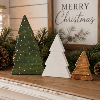 Wooden Christmas tree decorations in a cozy holiday living room
Rustic Christmas tabletop décor with three wooden trees
Boxwood Christmas trees displayed in a festive home
Farmhouse Christmas decorations for a mantel or shelf
Wooden tree figurines styled with Christmas greenery and lights
Christmas shelf décor featuring green white and natural wood trees
Rustic wooden Christmas decorations for a cozy home