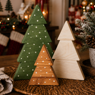 Set of three boxwood wooden Christmas tree decorations
Snowy Spruces wooden Christmas tree decorations set of three
Green white and natural wood Christmas tree figurines
Freestanding boxwood Christmas trees with painted snow dots
Rustic wooden Christmas tree decorations in three sizes
Boxwood tabletop Christmas tree figurines for holiday decorating
Wooden Christmas tree set with green whitewashed and natural finishes