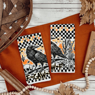 retro punk halloween crow towel for alternative home décor
vintage western goth crow towel with cactus and skull
funny halloween coffee bar towel with crow illustration
unique fall gift idea crow themed cotton towel
spooky retro halloween towel with bold crow graphic