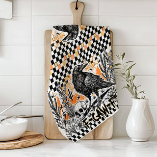 funny adult halloween kitchen towel f caw f design
crow and cactus desert halloween towel in orange and black
checkered gingham halloween towel with crow and skull art
punk rock halloween kitchen towel with raven illustration
spooky fall home decor accent towel f caw f