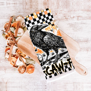 alternative halloween kitchen décor towel with raven graphic
dark humor halloween towel for gothic farmhouse kitchen
crow themed fall dish towel with orange accents
raven artwork tea towel with black and white checks
boo season kitchen towel funny bird phrase
