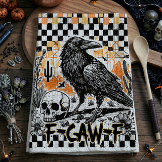 retro orange and black crow towel for spooky season décor
vintage tattoo style raven towel for halloween bar cart
funny fall décor towel for snarky crow lovers
goth farmhouse halloween towel with raven and checkerboard
unique fall kitchen décor crow hand towel
edgy halloween decor towel for alternative fall home