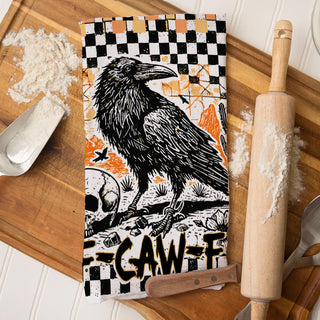 spooky raven kitchen towel with skull desert artwork
funny halloween towel with sarcastic crow phrase
halloween dish towel with crow illustration and checkerboard
crow and skull halloween flour sack towel in bulk
creepy halloween tea towel orange black white design