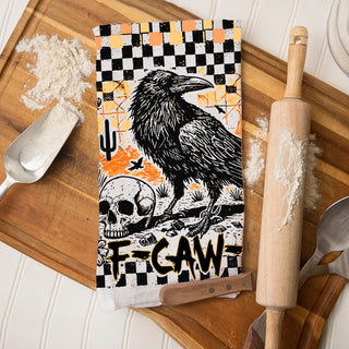 spooky raven kitchen towel with skull desert artwork
funny halloween towel with sarcastic crow phrase
halloween dish towel with crow illustration and checkerboard
crow and skull halloween flour sack towel in bulk
creepy halloween tea towel orange black white design