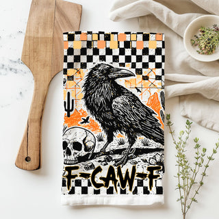 funny witchy halloween towel for october decorating
spooky crow towel for haunted house kitchen
fall halloween decor towel with retro crow artwork
vintage halloween style towel with raven illustration
unique goth fall decor crow and skull flour sack towel