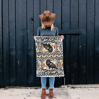 unique crow lover gift halloween cotton dish towel
spooky season crow towel for october kitchen decorating
raven and bones halloween towel for oven door
western goth halloween dish towel with crow and cactus
witchy fall kitchen towel with raven and skull print