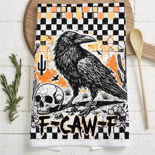 Wholesale funny crow halloween kitchen towel with f caw f saying
raven skull and checkered gingham halloween dish towel
gothic crow flour sack towel for fall kitchen décor
black crow on orange and black check pattern tea towel
fall farmhouse halloween decor towel with raven and skull