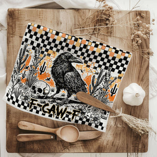 aesthetic halloween towel for dark cottagecore kitchen
tattoo style crow illustration on halloween dish towel
raven themed gothic kitchen towel perfect for halloween gift
orange and black checkered crow towel for fall coffee bar
favorite halloween decoration funny crow dish towel