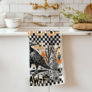 Wholesale retro checkered halloween towel for eclectic kitchen style
funny halloween kitchen towel crow design
spooky halloween decor crow and skull towel
halloween kitchen towel black crow orange and black
gothic halloween decor raven flour sack towel