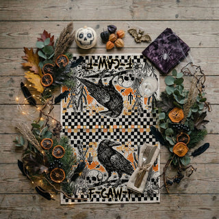 retro halloween kitchen textile with raven and skull print
vintage style funny crow towel for haunted kitchen décor
hilarious halloween décor towel for adults only crowd
unique spooky season gift crow and skull tea towel
funny fall home décor accent with raven print towel