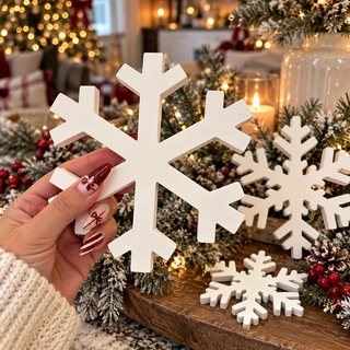 Rustic snowflake tabletop decorations for a farmhouse Christmas
Neutral white winter decorations for shelves and mantels
Wooden snowflake figurines for indoor Christmas decorating