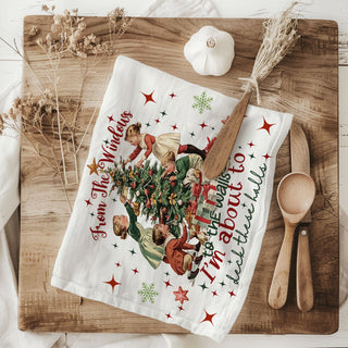 classic christmas dish towel with festive quote and tree
vintage style christmas towel with kids decorating tree
deck the halls towel with retro holiday theme
Hip hop Christmas kitchen styling
Rap holiday kitchen accessories
Music inspired Christmas kitchen towel
