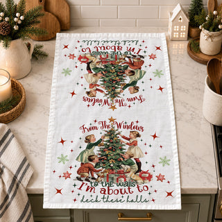 Vintage Christmas kitchen towel humor
classic christmas dish towel with festive quote and tree
vintage style christmas towel with kids decorating tree
deck the halls towel with retro holiday theme