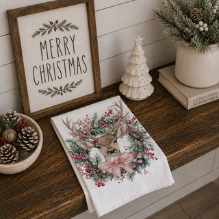 christmas kitchen towel on cutting board deer wreath
holiday dish towel styled with rosemary deer design
kitchen towel flat lay neutral christmas deer decor
rustic kitchen towel deer wreath wood background
white kitchen towel with deer wreath design
kitchen towel styled farmhouse christmas scene deer