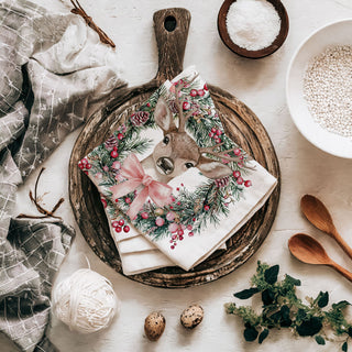 Christmas kitchen towel with deer in floral wreath
holiday tea towel with deer and flowers
festive deer kitchen towel for Christmas decor
woodland Christmas dish towel with floral wreath
decorative holiday towel with deer design
Christmas kitchen linen with deer and florals