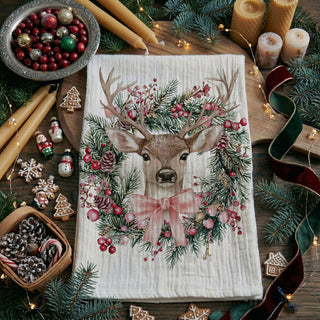 seasonal tea towel with rustic deer wreath
festive kitchen decor towel with deer artwork
Christmas towel with deer in flower wreath
holiday dish towel with woodland deer pattern
cute Christmas tea towel for gifting
elegant Chr