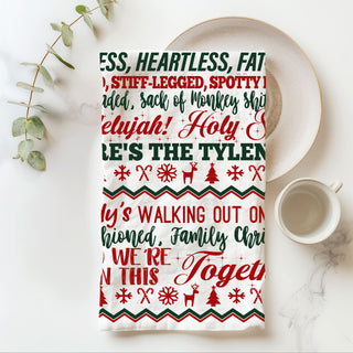 christmas towel that makes guests laugh funny decor
relatable holiday chaos kitchen towel humorous design
kitchen towel for surviving christmas with family
funny christmas sayings kitchen towel bold design