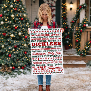kitchen towel with funny quote in front of christmas tree
holiday towel held by woman festive outdoor setting
funny christmas towel styled cozy home background
kitchen towel with bold text styled holiday scene