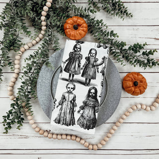 gothic horror kitchen towel with eerie dolls and clowns
spooky season dish towel with black and white doll art
creepy children doll halloween towel on rustic board
creepy halloween hostess gift scary doll kitchen towel