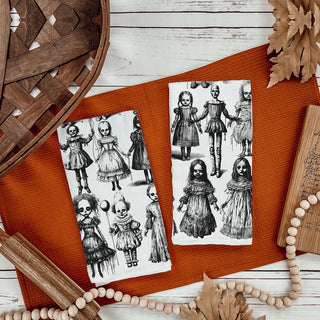 spooky porcelain doll dish towel for nightmare nursery décor
haunted toy collection halloween towel 
dark halloween kitchen towel with eerie children’s dolls