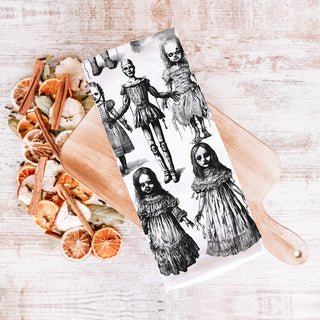 creepy circus doll kitchen towel for october decorating
weird doll artwork towel for gothic halloween gifts
evil clown and doll tea towel for halloween bar cart