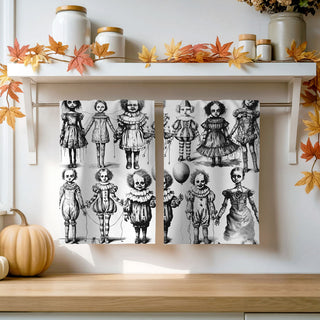 retro horror clown and doll towel for alternative décor
creepy doll print cotton towel for haunted kitchen décor
black and white halloween towel with stitched mouth dolls
spooky horror artwork dish towel for haunted bar cart