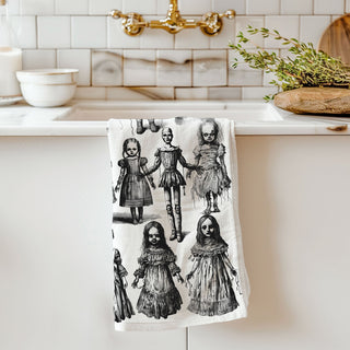 retro halloween creepy doll towel for alternative home style
edgy halloween home décor black and white doll towel
haunted vintage clown towel hanging from oven door
spine-chilling doll design towel for october kitchen refresh