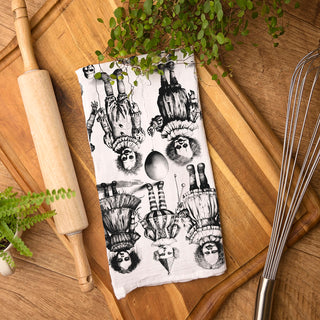 creepy doll and clown print towel for fall home décor
unique halloween gift creepy doll kitchen hand towel
black and white skull eyed doll towel for horror kitchen