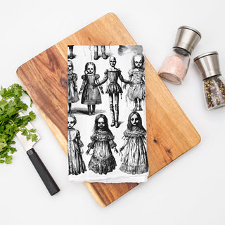 creepy halloween tea towel with haunted dolls
scary doll print kitchen towel for spooky décor
halloween dish towel with black and white horror clowns