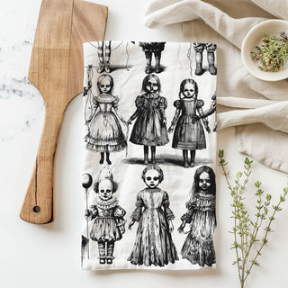 spooky doll face cotton towel for gothic kitchen
creepy porcelain doll halloween hand towel for bathroom or kitchen
horror clown and doll patterned flour sack towel
eerie vintage doll artwork towel for haunted house décor