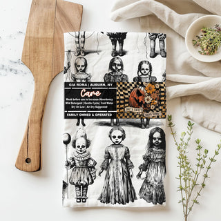 scary kitchen towel gift for horror loving friend
gothic halloween gift creepy dolls flour sack towel
unique horror tea towel for spooky apartment décor
black and white creepy costume doll kitchen towel