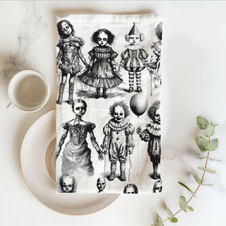 spooky kitchen towel for horror themed halloween party
black and white halloween horror towel with creepy toys
haunted doll collection towel for scary home accents
creepy gothic dish towel for alternative halloween décor