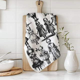creepy doll face tea towel for gothic farmhouse kitchen
scary clown balloon towel for halloween coffee bar
vintage style creepy doll halloween gift towel
black and white horror themed dish towel with dolls wholesale