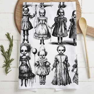 creepy doll halloween kitchen towel black and white
scary clown dish towel for halloween décor
horror doll flour sack towel for spooky kitchen
black and white creepy doll print halloween tea towel wholesalers