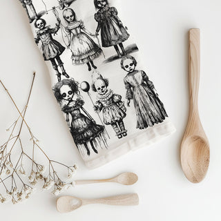 evil clown balloon kitchen towel for october decorating
gothic horror doll towel for dark cottagecore homes
spooky kitchen décor towel for horror movie marathon
creepy circus themed halloween towel with dolls and clowns
