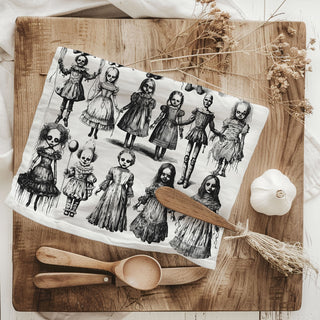 nightmare doll kitchen towel spooky halloween decoration
creepy toy clown towel for october kitchen styling
halloween hostess gift creepy doll flour sack towel
haunted nursery style doll towel for gothic décor lovers