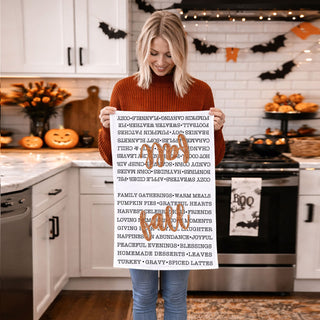 fall text tea towel for pumpkin spice coffee bar
farmhouse style fall kitchen towel with black lettering
thanksgiving hostess gift fall words cotton towel