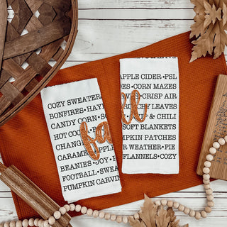 giftable fall kitchen towel with cozy seasonal words
autumn home décor accent towel with fall favorites text
pumpkin spice lover fall words tea towel
fall kitchen towel gift for hostess or housewarming