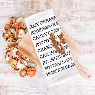 rustic farmhouse fall towel with seasonal sayings print
fall kitchen décor set featuring word art cotton towel
autumn baking station with cozy words kitchen towel wholesalers usa