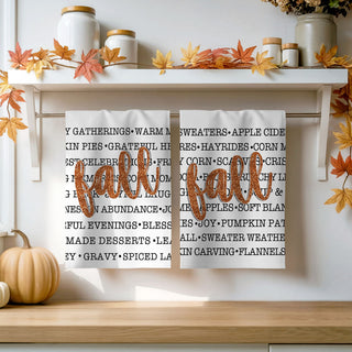 fall print kitchen towel for holiday entertaining
autumn home essentials fall text cotton dish towel
fall phrases towel layered with plaid napkins for tablescape
cozy fall kitchen accessory with modern typography print