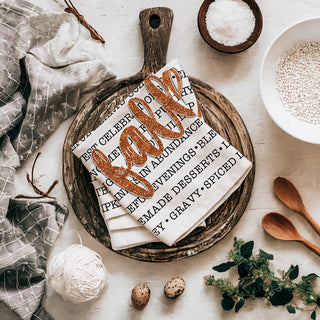 neutral white fall word towel for modern kitchen décor
autumn sayings flour sack towel for coffee bar styling
cozy home fall décor with typography kitchen towel