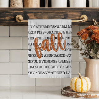 fall text tea towel for pumpkin spice coffee bar
farmhouse style fall kitchen towel with black lettering
thanksgiving hostess gift fall words cotton towel