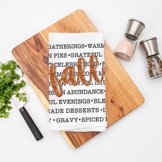 autumn typography hand towel for thanksgiving kitchen
fall themed cotton towel with modern black lettering
cozy sweater weather fall kitchen towel accent
minimalist fall word print towel with glitter script overlay