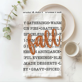 fall season cotton towel listing cozy autumn activities
pumpkin spice season kitchen towel with fall script
neutral white and black fall text towel for farmhouse kitchen
fall phrase towel styled with rosemary and wooden spoon